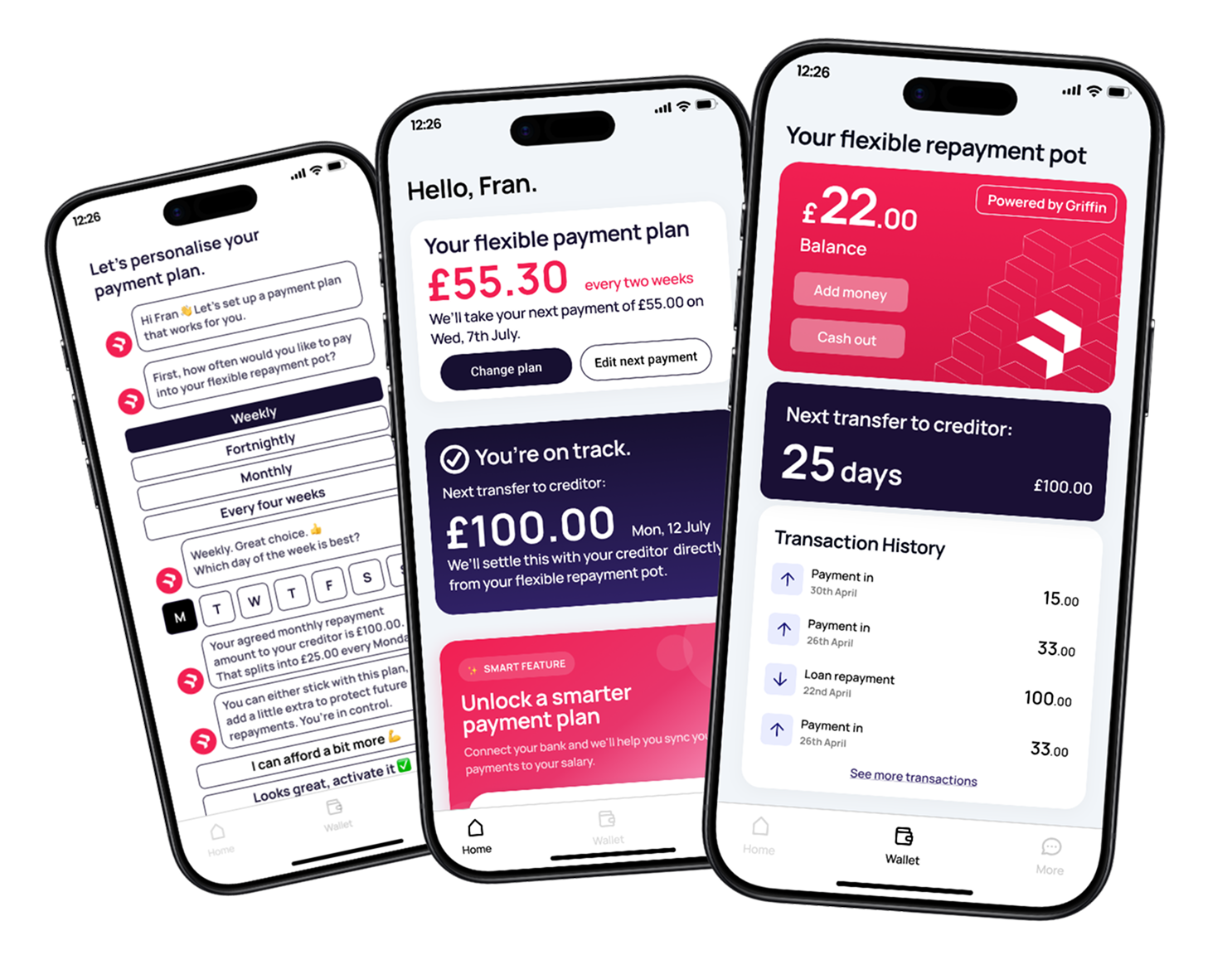 The haboo mobile app showing a flexible, personalised repayment schedule adapting to a borrower's income.